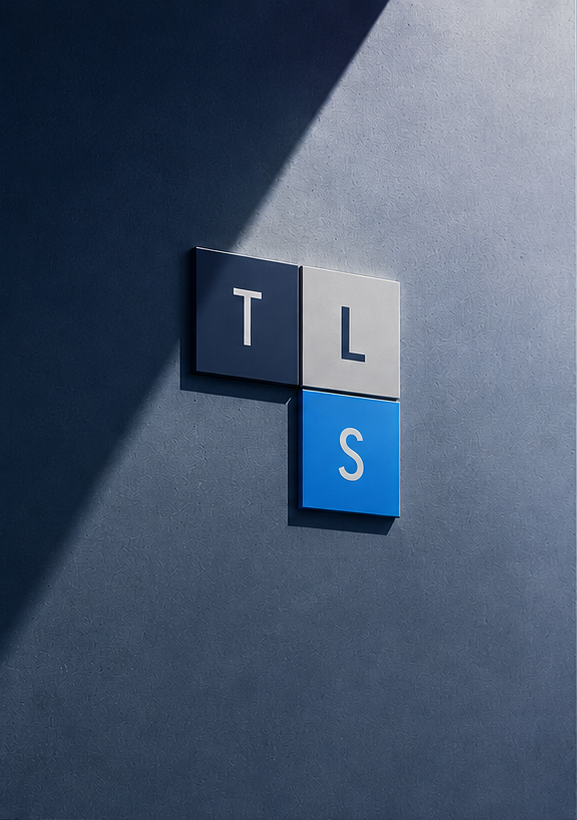 The Ledger Squad — TLS signage tiles on a blue wall